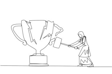 Arap iş kadınlarının büyük kupayı vurmaya hazırlandığı tek sıra. Öfke. Öfkeni dışa vuruyorsun. Balyozla kupayı ezmek. Başaramadı. Bir çizgi tasarımı vektör illüstrasyonu