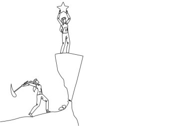 Tek sıra halinde, bir yıldızı kaldıran bir iş kadını çiziyor. Kıskanç arkadaş, başarıyı içten içe yiyip bitiriyor. Hain. Bir çizgi tasarımı vektör illüstrasyonu