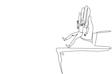 Sürekli bir çizgi halinde iş kadını uçurumun kenarında dikiliyor. Büyük bir şey işi batırmak istiyor. Görünmez düşman. Rakibini alaşağı et. Tek çizgi çizimi tasarım vektör çizimi