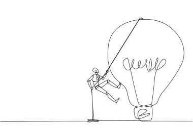 Tek sıra halinde akıllı robot halatla ampule tırmanıyor. İşe yarar yeni fikirler bulmak için yüksek yerlere ulaşmaya çalışıyorum. Şirketin iyiliği için. Devamlı çizgi tasarımı grafik çizimi