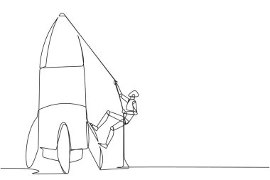Sürekli bir çizgi halinde akıllı robotlar iple rokete tırmanıyor. Yeni bir şube açma niyetini belirle. İşi büyütmek için çok çalış. Akıllıca bir çalışma. Tek çizgi çizimi tasarım vektör çizimi