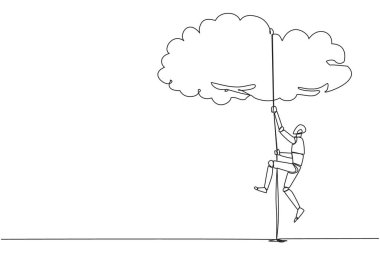 Sürekli bir çizgi halinde akıllı robotlar halatla bulutlara tırmanıyor. Hayalleri gökyüzüne asmanın bir metaforu. Nihai başarı. Çok çalışkan. Daha akıllı çalış. Tek çizgi çizimi tasarım vektör çizimi