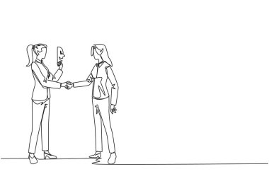 Tek sıra halinde iki iş kadını el sıkışıyor. Birinin iki yüzü var. Yalanlarla dolu. Sahte arkadaş. En kötü takım çalışması. İş ihaneti. Devamlı çizgi tasarımı grafik çizimi