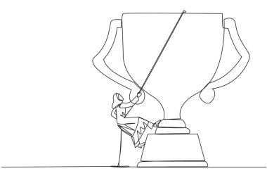 Sürekli bir çizgi halinde Arap işadamı iple kupayı tırmanıyor. Birçok ödül kazanarak markalaşma. İlişkiyi bağlamak. Karşılıklı fayda. Tek çizgi çizimi tasarım vektör çizimi