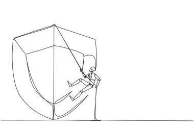 Tek sıra halinde akıllı robotlar kalkanlara iple tırmanıyor. Müşterilere virüs saldırılarından korunmaları için yardım ediyorum. Her katmanı kontrol edin. Akıllı iş, çok iş. Devamlı çizgi tasarımı grafik çizimi