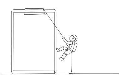 Genç astronotun halatla panoya tırmanması gibi. Raporlar üzerinde en iyi şekilde çalışmak için ekstra çaba. Nihai rapor bekleniyor. Sıkı çalış. Tek çizgi çizimi tasarım vektör çizimi