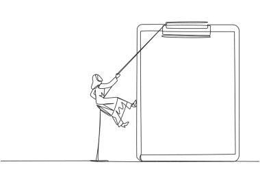 Arap iş kadını sürekli olarak halatla panoya tırmanırken çiziyor. Raporlar üzerinde en iyi şekilde çalışmak için ekstra çaba. Son rapor bekleniyor. Sıkı çalış. Tek çizgi çizimi tasarım vektör çizimi