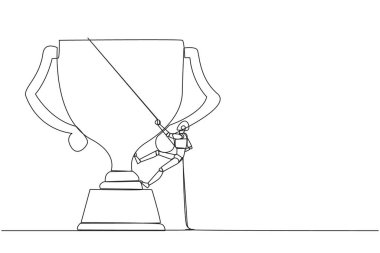 Tek sıra halinde akıllı robotlar iple kupayı tırmanıyor. Birçok ödül kazanarak markalaşma. İlişkileri bağlamak. Karşılıklı fayda. Devamlı çizgi tasarımı grafik çizimi