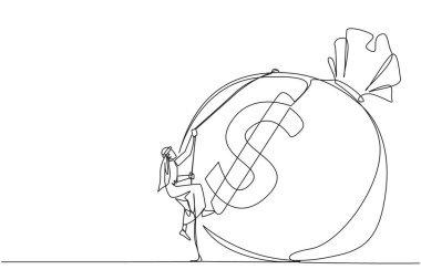 Tek sıra halinde, Arap işadamı halatla para çantasına tırmanıyor. Büyük bir emeklilik fonu bulmak için daha çok çalış. Yetenekleri maksimuma çıkar. Bir çizgi tasarımı vektör illüstrasyonu