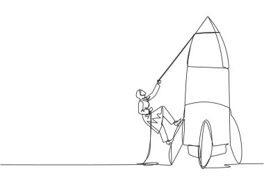 Arap iş kadınlarını çeken tek sıra halatla rokete tırmanıyor. Yeni bir şube açma niyetini belirle. İşi büyütmek için çok çalış. Akıllıca bir çalışma. Bir çizgi tasarımı vektör illüstrasyonu