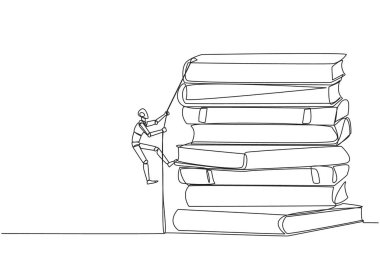 Tek sıra halinde akıllı robotları iple kitap yığınına tırmanırken çiziyor. İşlerin pürüzsüz yürümesi için yeni bilgiler edinmeye çalış. Tatmin oldum. Bir çizgi tasarımı vektör illüstrasyonu