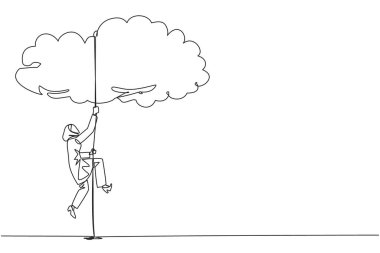 Tek sıra halinde, Arap iş kadını halatla bulutlara tırmanıyor. Hayalleri gökyüzüne asmanın bir metaforu. Nihai başarı. Çok çalışkan. Daha akıllı çalış. Devamlı çizgi tasarımı grafik çizimi