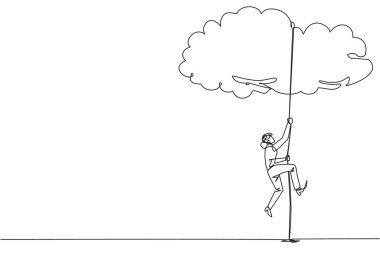 Sürekli bir çizgi halinde iş kadını halatla bulutlara tırmanıyor. Hayalleri gökyüzüne asmanın bir metaforu. Nihai başarı. Çok çalışkan. Daha akıllı çalış. Tek çizgi çizimi tasarım vektör çizimi