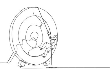 Aralıksız bir sıra çizen Arap iş kadını ok tahtasına iple tırmandı. En iyisini elde etmek için çok gayret et. Akıllı iş sonuç verir. Tek çizgi çizimi tasarım vektör çizimi