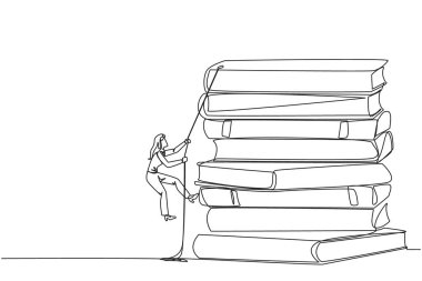 İple kitap yığınına tırmanan iş kadınlarını çizen tek sıra. İşlerin pürüzsüz yürümesi için yeni bilgiler edinmeye çalış. Tatmin oldum. Bir çizgi tasarımı vektör illüstrasyonu