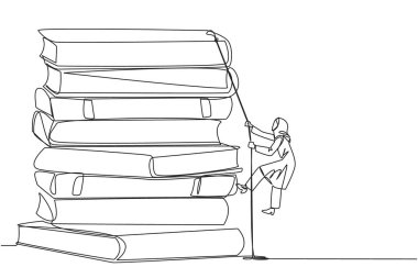 Arap iş kadınlarını çizen tek sıra bir iple kitap yığınına tırmanıyor. İşlerin pürüzsüz yürümesi için yeni bilgiler edinmeye çalış. Sıkı çalış. Bir çizgi tasarımı vektör illüstrasyonu
