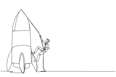 Tek sıra halinde işadamı halatla rokete tırmanıyor. Yeni bir şube açma niyetini belirle. İşi büyütmek için çok çalış. Akıllıca bir çalışma. Devamlı çizgi tasarımı grafik çizimi