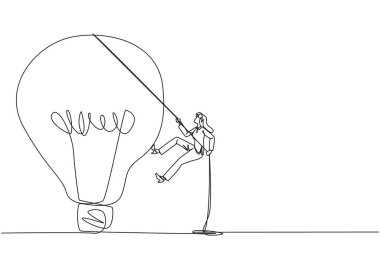 Sürekli bir sıra halinde iş kadını halatla ampule tırmanıyor. İşe yarar yeni fikirler bulmak için yüksek yerlere ulaşmaya çalışıyorum. Şirketin iyiliği için. Tek çizgi çizimi tasarım vektör çizimi