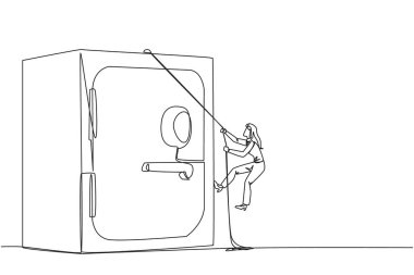 Devamlı bir sıra halinde iş kadını halatla kiralık kasaya tırmanıyor. Önemli şirket verilerini güvence altına alıyor. Güvenli ve güvenilir bir yerde saklanıyor. Tek çizgi çizimi tasarım vektör çizimi