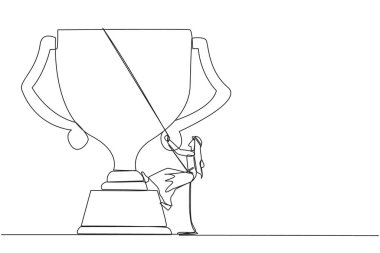 Arap işadamını çeken tek sıra iple kupayı tırmanıyor. Birçok ödül kazanarak markalaşma. İlişkileri bağlamak. Karşılıklı fayda. Bir çizgi tasarımı vektör illüstrasyonu