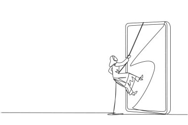 Arap iş kadını çizen tek sıra akıllı telefona iple tırmanıyor. İş ilişkilerini geliştir. İş arkadaşınla temasa geç. Birbirlerine bağlılar. Devamlı çizgi tasarımı grafik çizimi