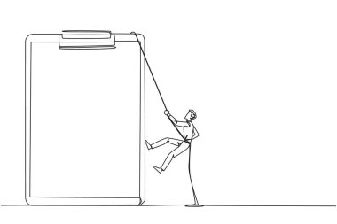 Devamlı bir sıra halinde işadamı halatla panoya tırmanıyor. Raporlar üzerinde en iyi şekilde çalışmak için ekstra çaba. Nihai rapor bekleniyor. Sıkı çalış. Tek çizgi çizimi tasarım vektör çizimi