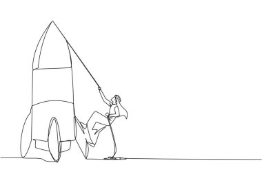 Tek sıra halinde, Arap işadamı iple rokete tırmanıyor. Yeni bir şube açma niyetini belirle. İşi büyütmek için çok çalış. Akıllıca bir çalışma. Devamlı çizgi tasarımı grafik çizimi