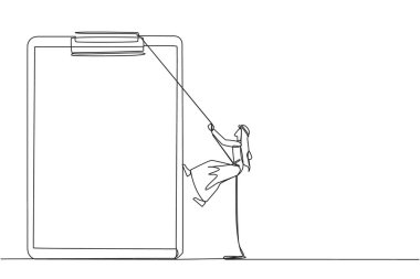 Tek sıra halinde, Arap işadamı halatla panoya tırmanıyor. Raporlar üzerinde en iyi şekilde çalışmak için ekstra çaba. Nihai rapor bekleniyor. Sıkı çalış. Bir çizgi tasarımı vektör illüstrasyonu