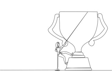 Tek sıra halinde iş kadını iple kupayı tırmanıyor. Birçok ödül kazanarak markalaşma. İlişkileri bağlamak. Karşılıklı fayda. Devamlı çizgi tasarımı grafik çizimi