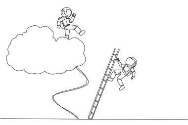 Tek sıra halinde astronot, buluta merdivenle tırmanan rakibini tekmeliyor. İş hayatında mükemmel bir başarı. Rakiplerini herhangi bir şekilde alaşağı et. Bir çizgi tasarımı vektör illüstrasyonu