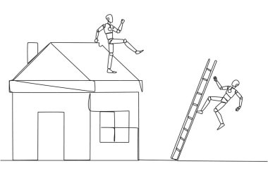 Tek sıra halinde, merdivenleri olan minyatür bir eve tırmanan akıllı robot tekmeleri atıyor. Müteahhitler tarafından yapılan dolandırıcılık metaforu. Kötü iş. Bir çizgi tasarımı vektör illüstrasyonu