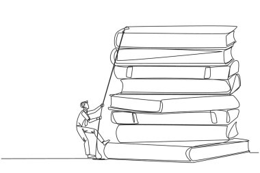 Bir satırda iş adamının iple kitap yığınına tırmandığı tek satır. İşlerin pürüzsüz yürümesi için yeni bilgiler edinmeye çalış. Tatmin oldum. Devamlı çizgi tasarımı grafik çizimi