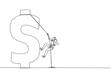 Sürekli bir çizgi çizen işkadını dolar sembolüne tırmanıyor. Metafor, yüksek ihtiyaçlar yüzünden ekstra para arıyor. Akıllı iş, sıkı çalışmayla birleşir. Tek çizgi çizimi tasarım vektör çizimi