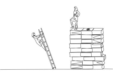 Bir satırda Arap işkadını, banknot yığınını merdivenle tırmanan rakibini tekmeliyor. Birlikte mücadele edin ama tek başınıza büyük kar elde etmek isteyin. Devamlı çizgi tasarımı grafik çizimi