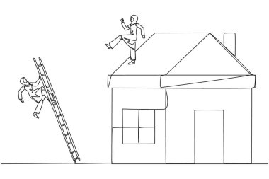 Arap iş kadınlarının sürekli çizdiği tek sıra minyatür eve merdivenle tırmanan rakibini tekmeliyor. Müteahhitler tarafından yapılan dolandırıcılık metaforu. Kötü iş. Bir çizgi tasarımı vektör illüstrasyonu