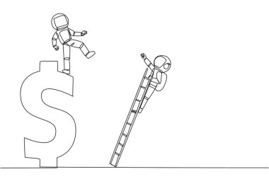Sürekli bir çizgi çizen astronot, bir dolar sembolüne merdivenle tırmanan rakibini tekmeliyor. Sağlıksız rekabet. İndirmek için sert yöntemler kullanıyor. Tek çizgi çizimi tasarım vektör çizimi