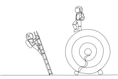 Tek sıra çizen astronot, hedef tahtaya merdivenle tırmanan meslektaşını tekmeliyor. İş yok edicilerden kurtulma metaforu. Devamlı çizgi tasarımı grafik çizimi