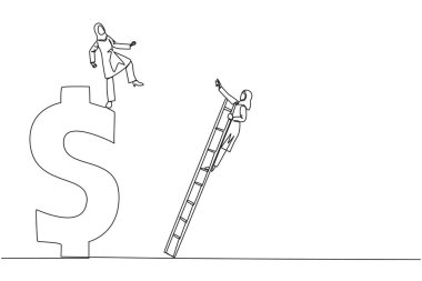 Tek sıra çizen Arap iş kadını, bir dolar sembolüne merdivenle tırmanan rakibini tekmeliyor. Sağlıksız rekabet. İndirmek için sert yöntemler kullanıyor. Devamlı çizgi tasarımı grafik çizimi