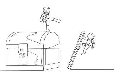 Tek sıra halinde astronot, hazine sandığına merdivenle tırmanan rakibini tekmeliyor. Servet hırsı. İhanet. Haksız iş rekabeti. Bir çizgi tasarımı vektör illüstrasyonu