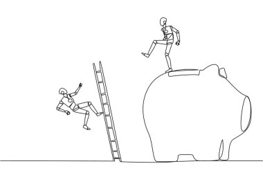 Devamlı bir çizgi, merdivenle kumsala tırmanan bir robotu tekmeliyor. Rakiplerini alaşağı etmek, bu yüzden geleceğe yatırım yapma. Tek çizgi çizimi tasarım vektör çizimi