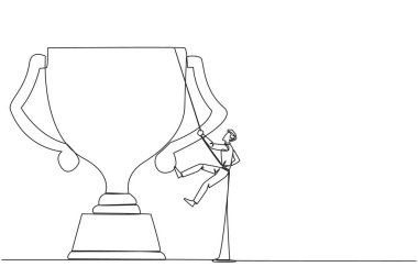 Tek sıra halinde işadamı iple kupayı tırmanıyor. Birçok ödül kazanarak markalaşma. İlişkileri bağlamak. Karşılıklı fayda. Devamlı çizgi tasarımı grafik çizimi