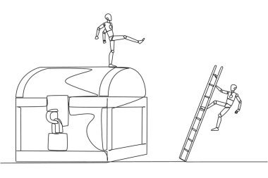 Tek sıra halinde akıllı robot, hazine sandığına merdivenle tırmanan rakibini tekmeliyor. Servet hırsı. İhanet. Haksız iş rekabeti. Devamlı çizgi tasarımı grafik çizimi