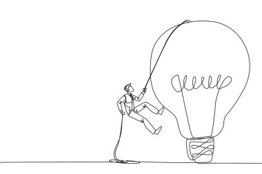 Sürekli bir sıra halinde iş adamı halatla ampule tırmanıyor. İşe yarar yeni fikirler bulmak için yüksek yerlere ulaşmaya çalışıyorum. Şirketin iyiliği için. Tek çizgi çizimi tasarım vektör çizimi