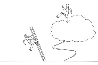 Arap iş kadınlarının sürekli çizdiği tek sıra merdivenle bulutlara tırmanan rakibini tekmeliyor. İş hayatında mükemmel bir başarı. Rakiplerini herhangi bir şekilde alaşağı et. Bir çizgi tasarımı vektör illüstrasyonu