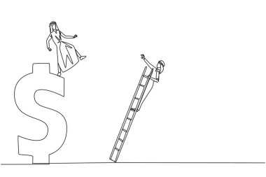 Tek sıra çizen Arap işadamı, bir dolar sembolüne merdivenle tırmanan rakibini tekmeliyor. Sağlıksız rekabet. İndirmek için sert yöntemler kullanıyor. Devamlı çizgi tasarımı grafik çizimi