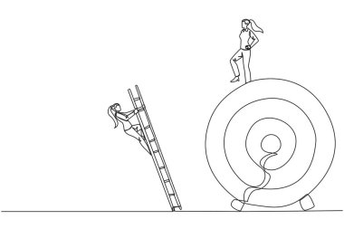 İşkadını, hedef tahtaya merdivenle tırmanan meslektaşını sürekli tekmeliyor. İş yok edicilerden kurtulma metaforu. Tek çizgi çizimi tasarım vektör çizimi