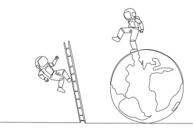 Sürekli bir çizgi çizerek astronot, bir merdivenle Dünya 'ya tırmanan rakibi tekmeliyor. Dünyanın tepesinde olmayı başaramadı. İş arkadaşına uğradım. Tek çizgi çizimi tasarım vektör çizimi
