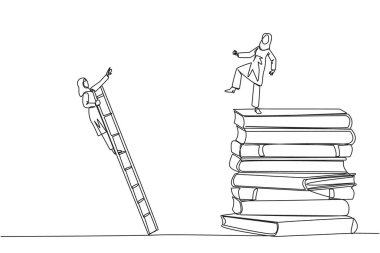 Aralıksız bir çizgi çizen Arap iş kadını, merdivenle kitap yığınına tırmanan rakibini tekmeliyor. Kârlı iş prensiplerine ulaşmakta başarısız oldu. Tek çizgi çizimi tasarım vektör çizimi