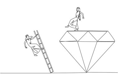 Aralıksız çizilen tek sıra Arap işadamı, elması merdivenle tırmanan rakibini tekmeliyor. Birlikte şanlı bir makama ulaşmaktan rakibi devirmek. Bir çizgi tasarımı vektör illüstrasyonu