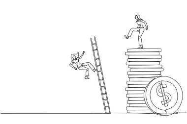 Devamlı bir çizgi çizen işkadını merdivenle bozuk para yığınına tırmanan rakibini tekmeliyor. Servet hırsı. Silah arkadaşlarınızı unutuyorsunuz. Hain. Tek çizgi çizimi tasarım vektör çizimi